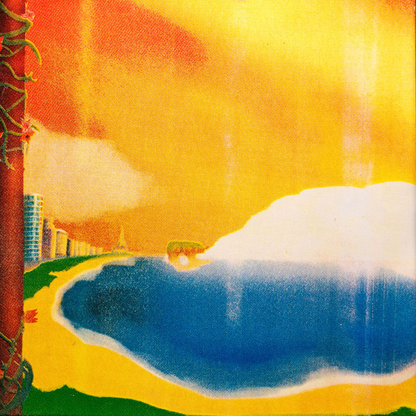 Painting of a beachside landscape under an orange sky with a large tear in the canvas, captioned M-OTHERLAND.