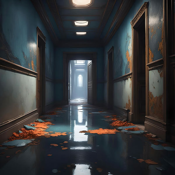 A dilapidated corridor leading into several rooms on each side, autumnal leaves floating in the shallow water spilled across the floor.