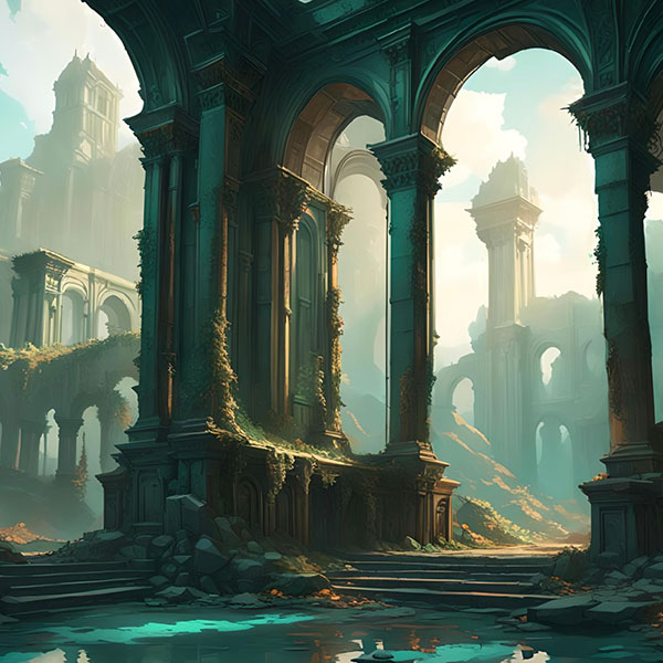 A temple of large and ornate stone archways overgrown with flora, birds flying in the blue sky above the structure.