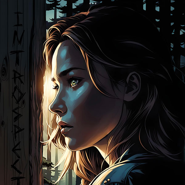 Artwork of a green-eyed person wearing a jacket in a forest area, the word INTROSPECTION carved into a tree to the left of the character.