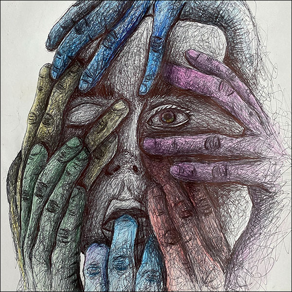 Drawing of a face grasped and manipulated from several directions by differently coloured hands.