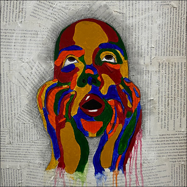 Painting of a head held in a pair of hands, the coloured paints allowed to drip down the background of collaged newspaper pages.