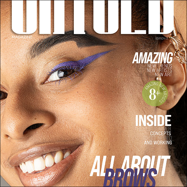 Cover of UNTOLD magazine, a header reading ALL ABOUT BROWS printed below a photograph showing a model with distinctive eyeliner and eyebrow art.