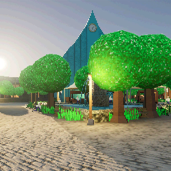 Picture of a courtyard depicted in video game-styled pixel graphics: An arrangement of trees bordering a fountain at the centre of a footpath opposite a pavilion, a large sloped building with an analogue clock-face visible in the background.