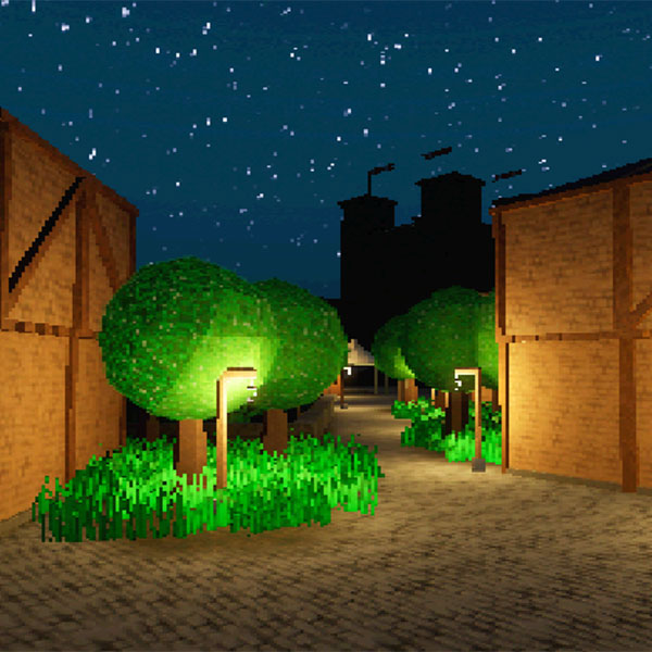 Image of a town at night created using videogame graphics, the fronts of buildings illuminated by streetlamps as people walk the path, the silhouette of a large castle visible in the background.