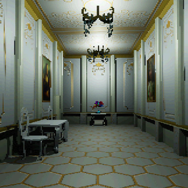 The interior of an ornate mansion created using pixelated video game graphics, white walls decorated with hanging paintings including the Mona Lisa and the Scream, chandeliers hanging overhead, a chair and table against the left-hand wall.