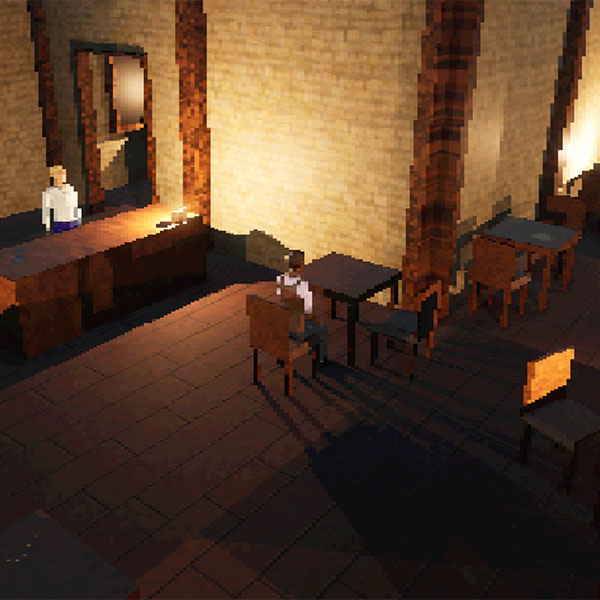 Pixel graphics depiction of a large, open bar with people seated at tables, candles on each table-top lighting up the room and casting shadows onto the walls.