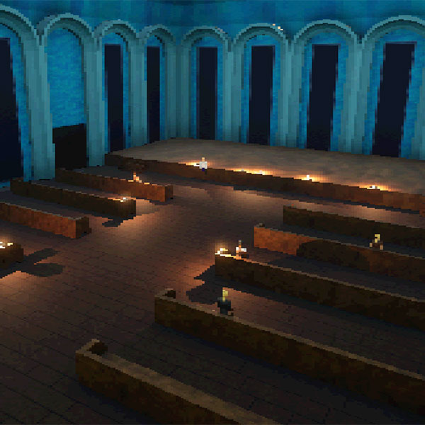 The darkened inside of a church building created using video game style pixel graphics, ornate arches lining the walls, rows of pews where sparsely situated people sit leading towards an altar.