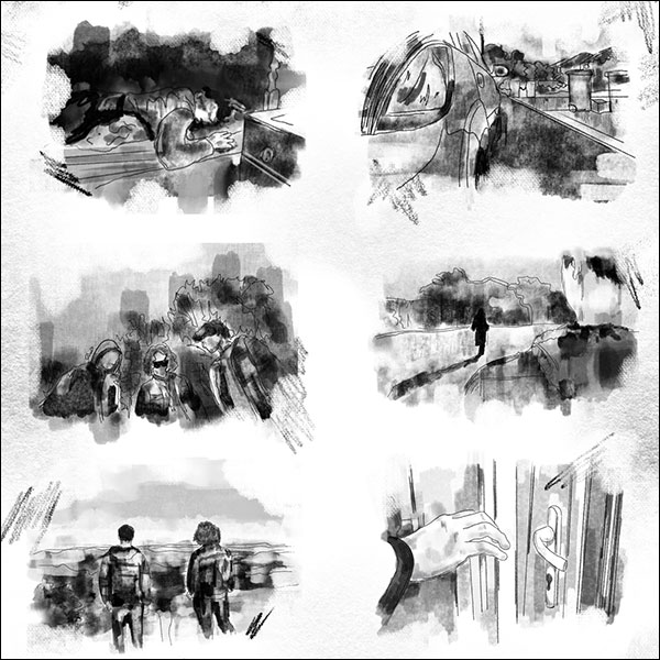 A set of black-and-white sketches showing different scenarios: a person waking up, a train pulling into a station, three people standing together, a distant person walking away, two people looking into the distance, a hand reaching for a door.