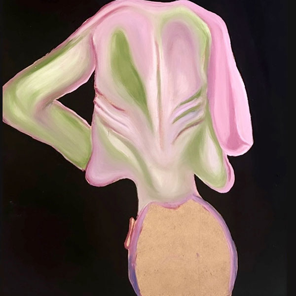 A figure drawn from behind with their body coloured in greens and purples