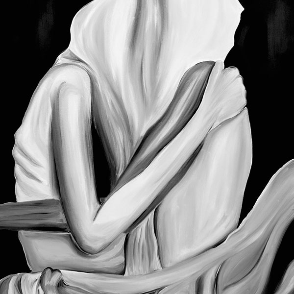 A drawing of two figures embracing with their heads obscured by a large cloth shape