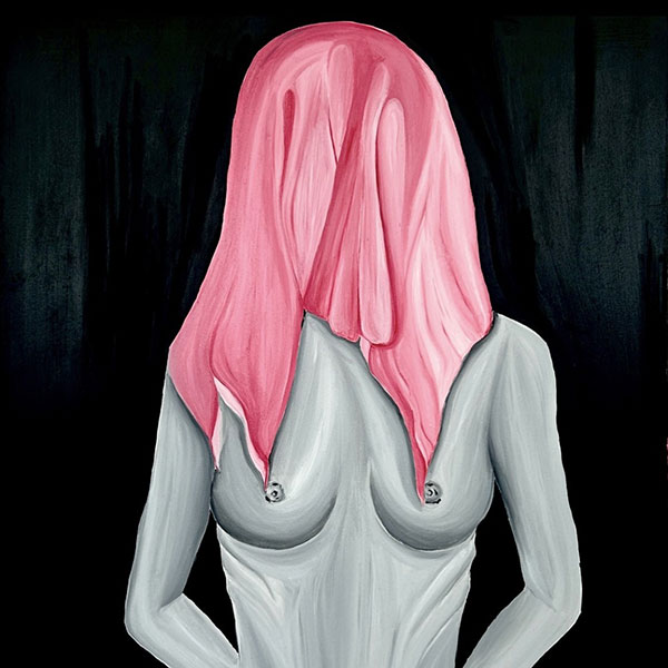 A drawing of a naked person with a pink towel over their head