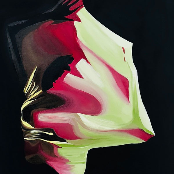 A dark silhouette of a person framed by a billowing pink and yellow shape