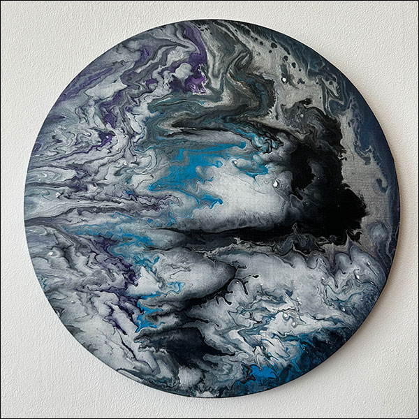Blue, black and white circular abstract painting by Kathryn Boyce