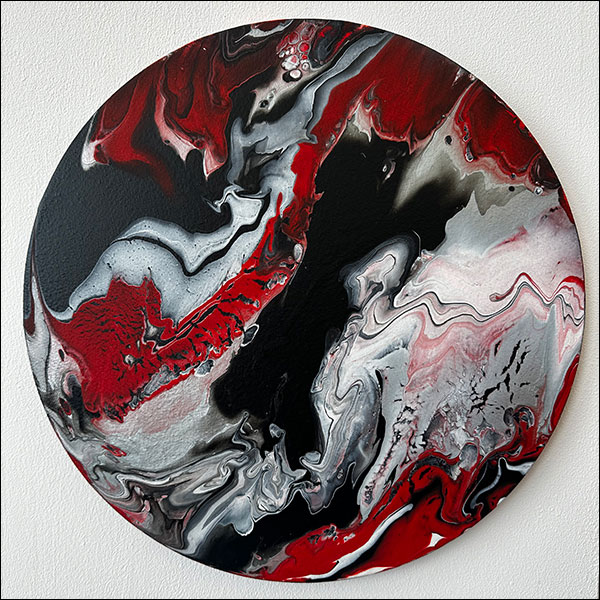 Red, white and black circular abstract painting by Kathryn Boyce
