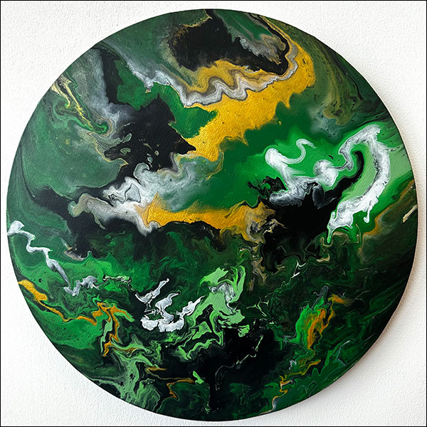 Green, yellow, black and white circular abstract painting by Kathryn Boyce