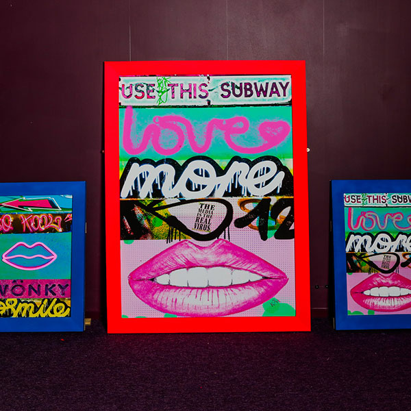 Framed collages of various graffiti images and slogans.