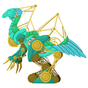 Artwork depicting a replicated dinosaur-like creature driven by a series of pistons and cogs mapped throughout its body