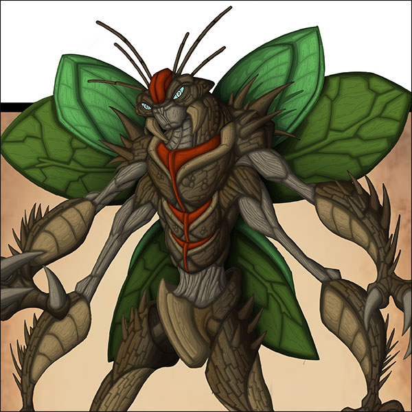 Artwork depicting a humanoid insect creature, possessing four arms and a set of green wings