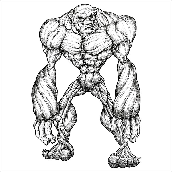 A black and white sketch of a creature resembling a fantasy orc, particularly remarkable for its wide shoulders and musculature