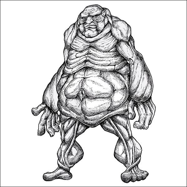 Black and white sketch of a creature resembling a fantasy troll, possessing a particularly large upper body and long arms
