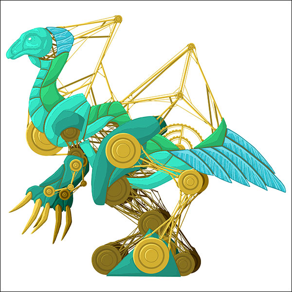 Artwork depicting a replicated dinosaur-like creature driven by a series of pistons and cogs mapped throughout its body