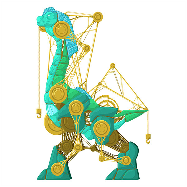 Artwork of a replicated brachiosaur driven by a set of cogs and pistons mapping the full length of its body, two crane hooks hanging from its tail and head