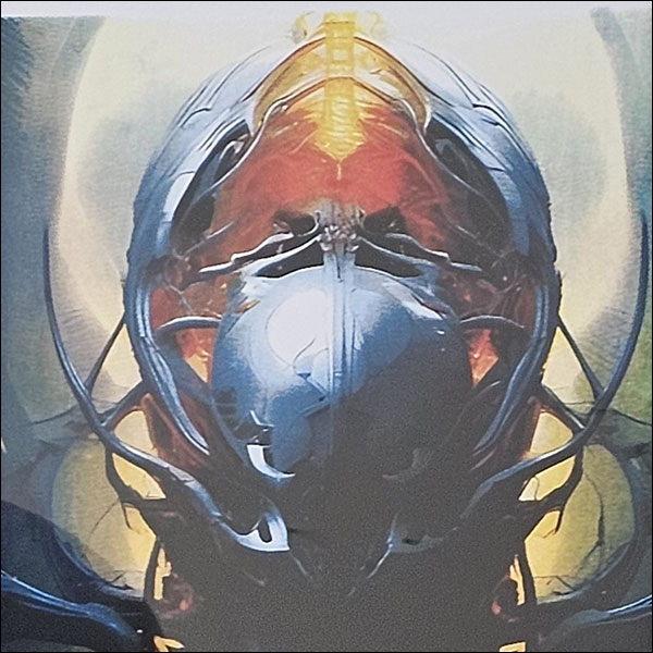 Artwork of a metallic figure with an enlarged, domed silver head beaming orange light.