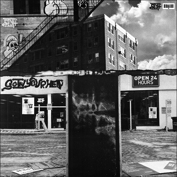A collage of graffiti photographed in black and white in several points around a city.