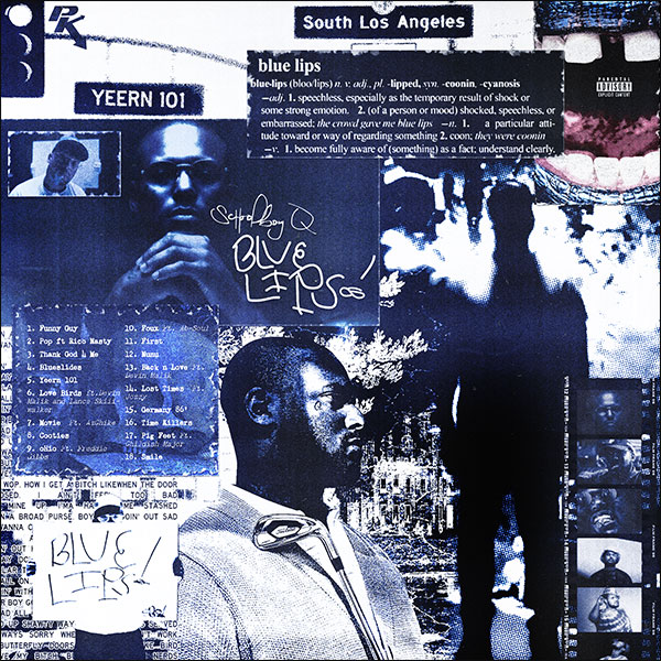 A collage of images related to artist Schoolboy Q and his album Blue Lips in cover art format.