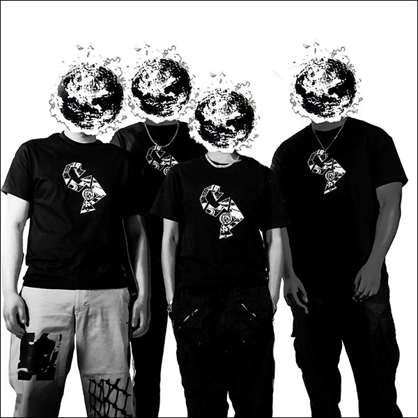Black and white photograph of four people in matching shirts with their faces obscured by pixelated graphics of the Earth on fire.