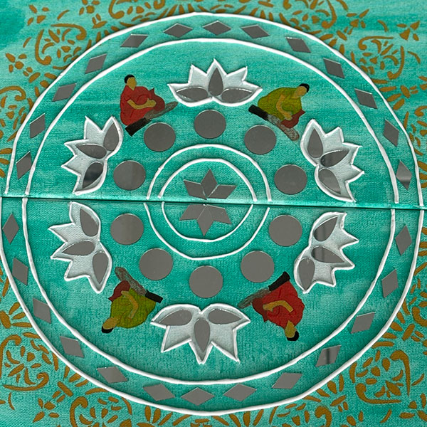 An expanding circular pattern on a cyan background, consisting of silver petal shapes and art of potters.