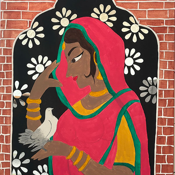 A painting of a woman with a bird standing on her hand, a clay construction of a pot of gold coins stuck to the image.
