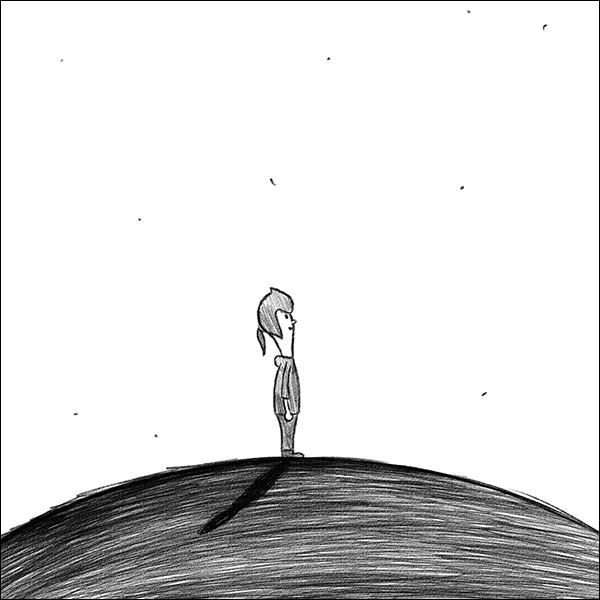 Black and white image of two figures standing atop adjacent planetoids, facing each other and smiling