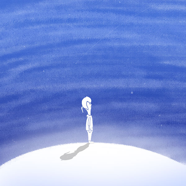 Artwork depicting two figures standing atop adjacent white planetoids against a blue sky