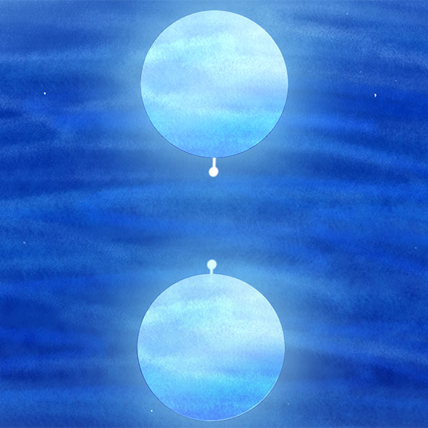 Artwork depicting two figures standing on adjacent blue planetoids, arranged such that the figures are both looking upwards at each other