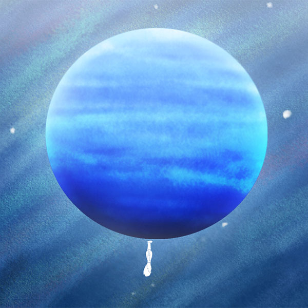 Artwork depicting two figures standing on adjacent blue planetoids, text between them reading THE STARS BETWEEN US