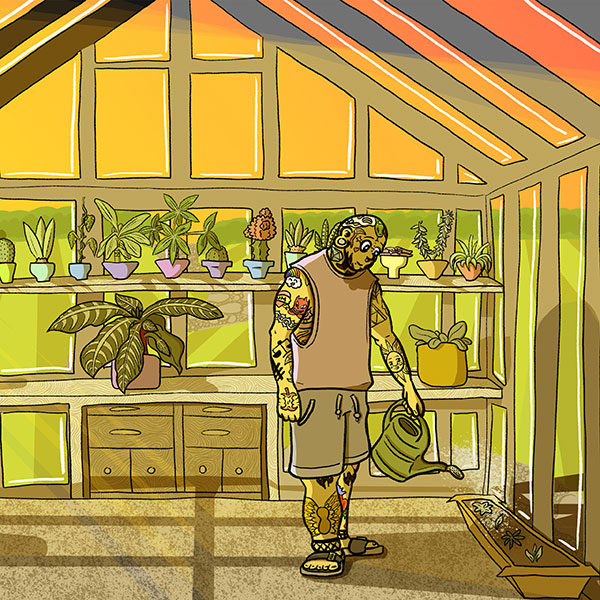 A drawing of a tattooed person in a greenhouse under an evening sky watering plants.