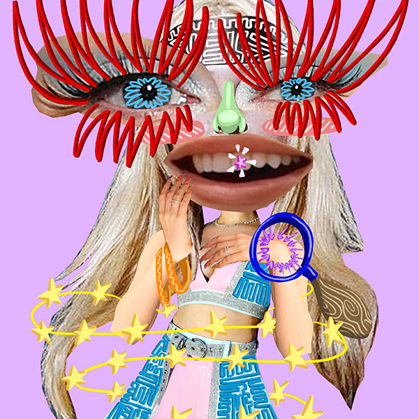 A mosaic of a person made of several misaligned pieces: large heavy-lashed eyes and a large mouth expanding out from the face of the model.