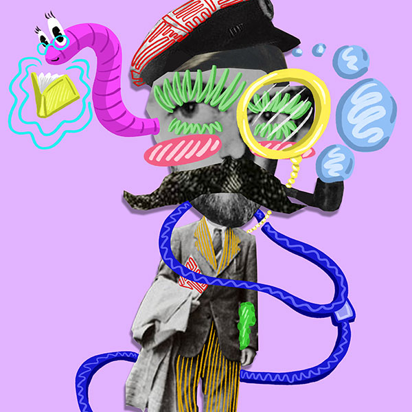 A cut out black-and-white photograph of a person in a suit, their eyes and moustache enlarged, wearing a drawn-on monocle and blowing bubbles from a pipe.