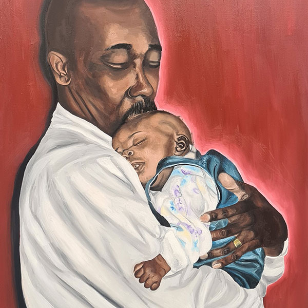 Painting of a man in a white shirt holding a sleeping baby in his arms and kissing the top of its head.
