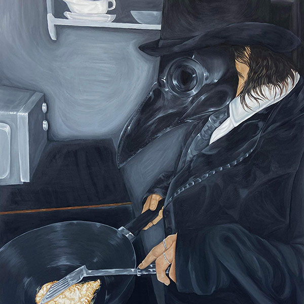 A person cooking an omelette in a frying pan while wearing a plague doctor crow mask, top hat and suit jacket.
