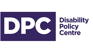 Image shows the Disability Policy Centre Content's logo on a solid white background. The letters D P and C are capitalised in a bold sans serif typeface in white and surrounded by a navy blue box/background. To the right it reads 