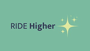 The RIDE Higher logo in sans serif text with yellow stars on a solid light green background