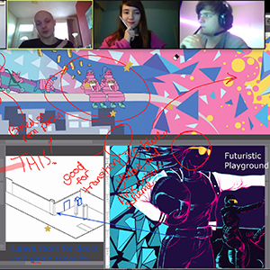 3 Illustration students showcasing their project ideas and preliminary sketches during a zoom call