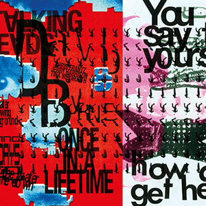 Text and symbols on a textured red and purple background