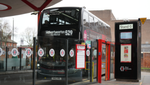 The number 529 double-decker bus at Walsall bus station, en route to Wolverhampton via Willenhall