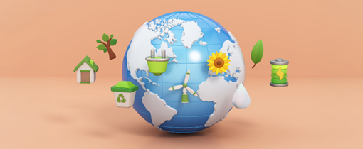 Globe with sustainable emblems floating around it.