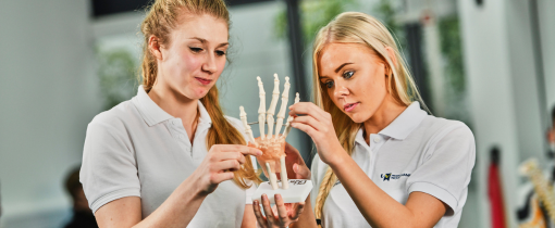 two students holding up a model of skeleton hand