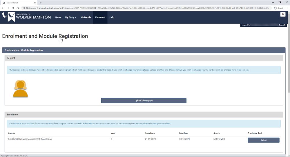 image of what enrolment page on eVision looks like